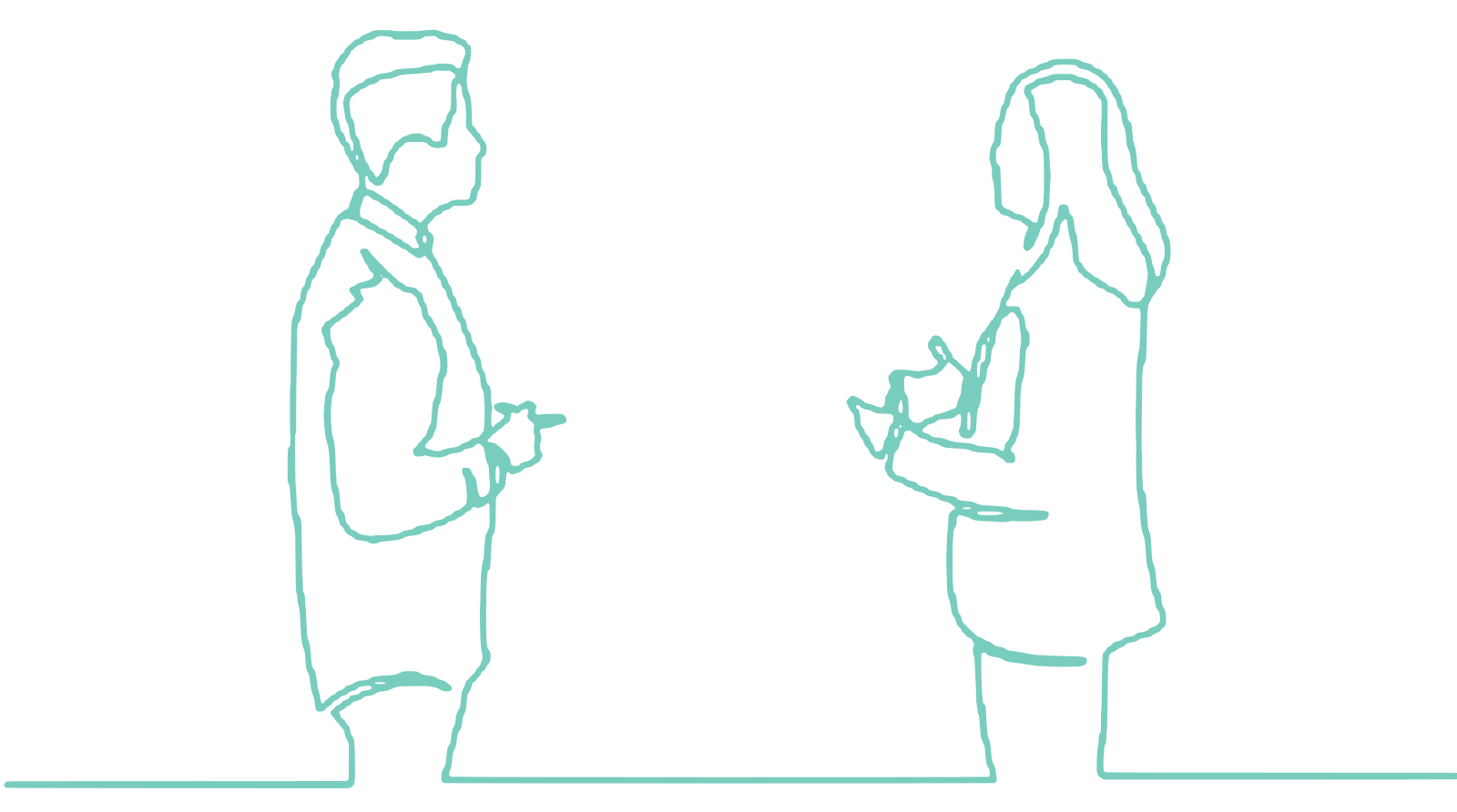 Line drawing of two colleagues talking