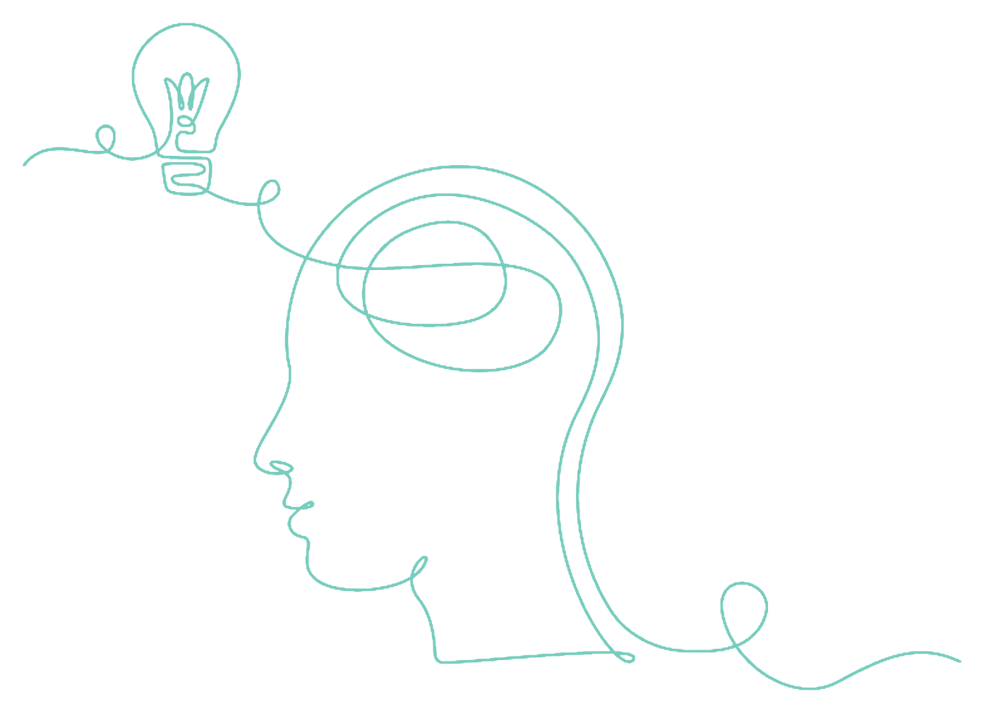 Line drawing of a head with a light bulb