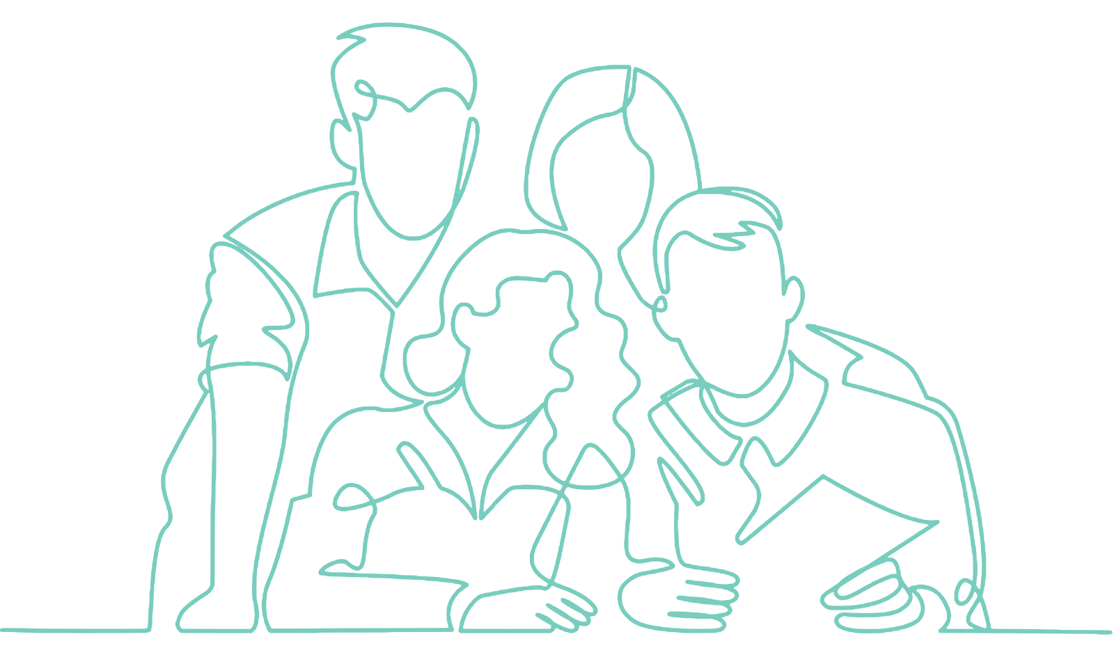 Line drawing of a team around a table