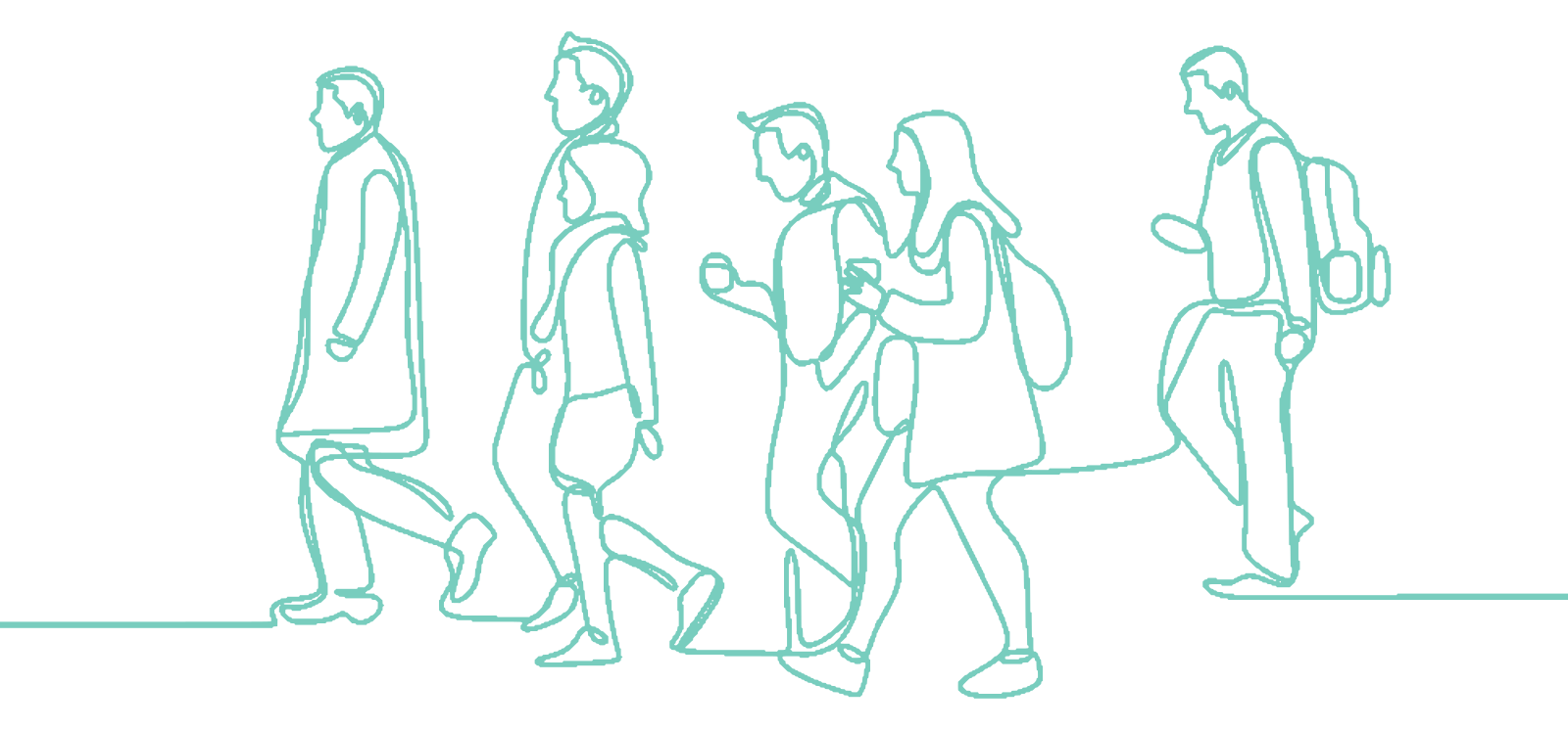Line drawing of a team walking together